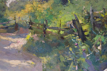 Oil painting of rustic wooden fence in lush garden landscape