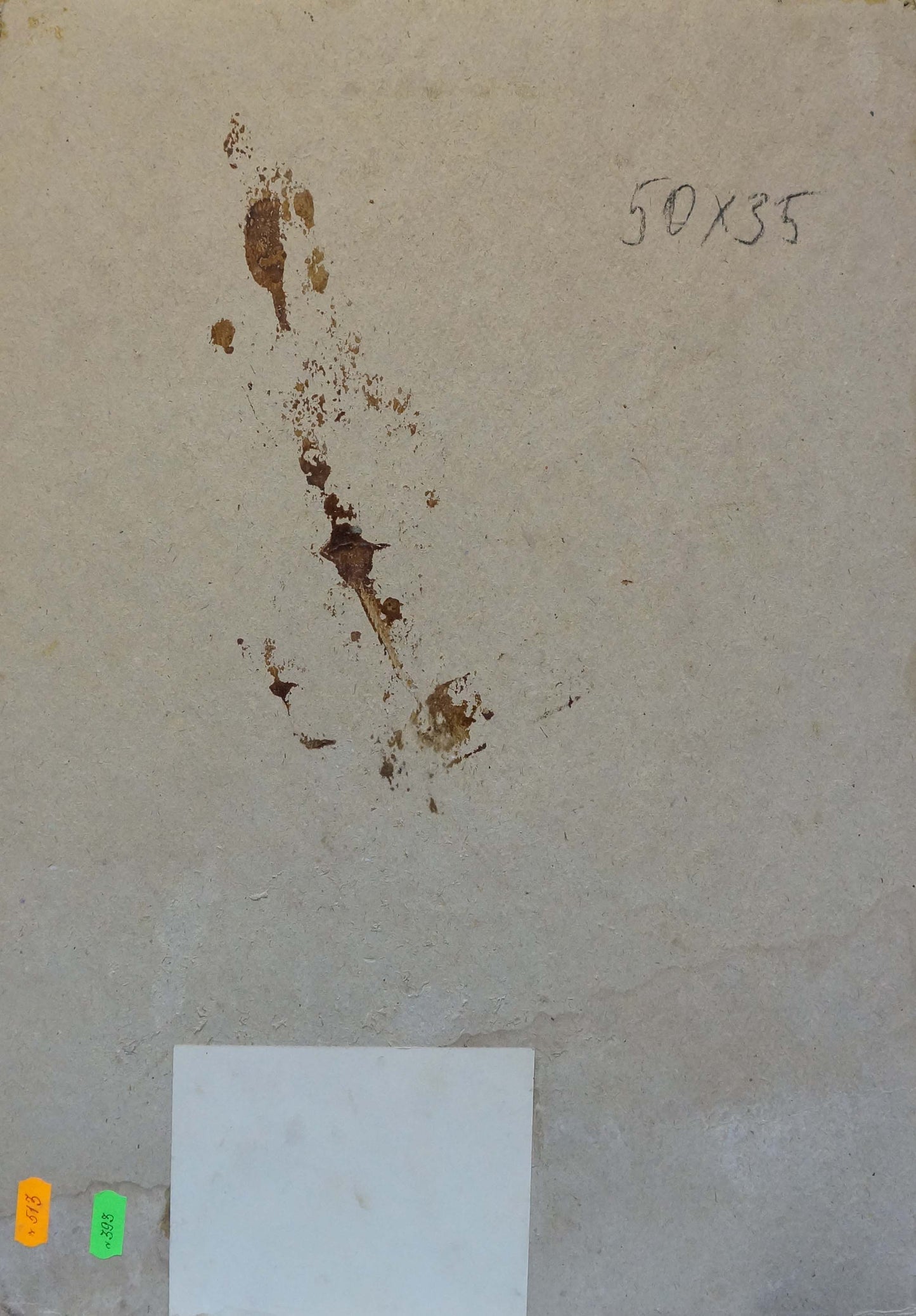 Back of oil painting with landscape on garden: beige tile textured with brown vertical stain