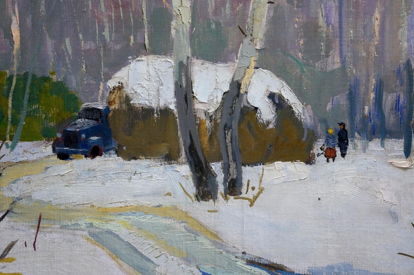 Oil painting of blue vintage truck in snowy forest by Vladimir Belyak