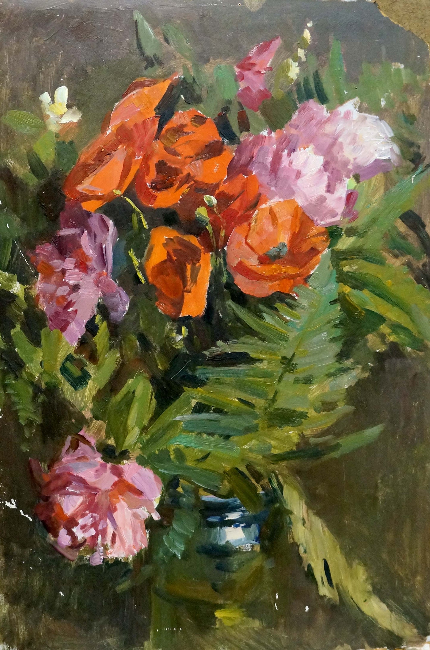 Oil painting of vibrant orange pink purple flower bouquet by Kiyanchenko Georgy in dark green glass vase