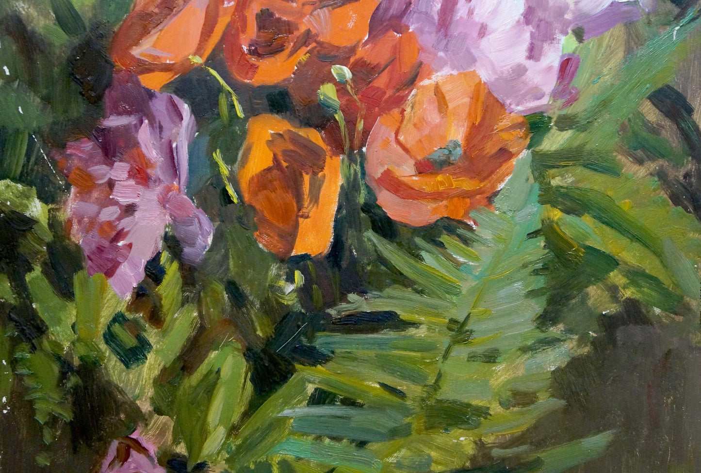 Vibrant orange purple poppies by Kiyanchenko Georgy in textured oil painting