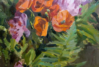 Vibrant orange purple poppies by Kiyanchenko Georgy in textured oil painting