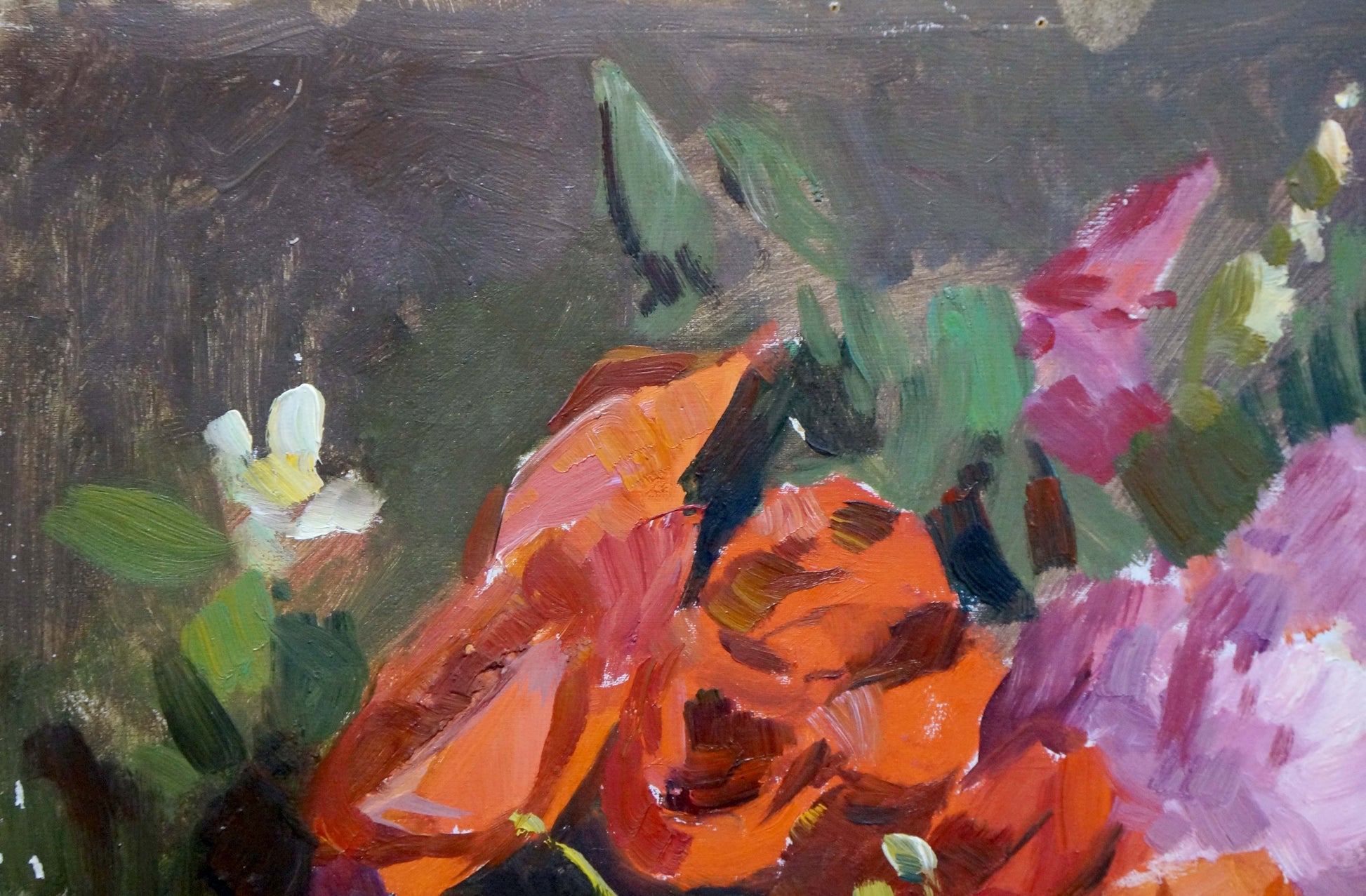 Oil painting of vibrant orange pink bouquet by Kiyanchenko Georgy on textured dark background