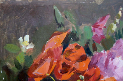 Oil painting of vibrant orange pink bouquet by Kiyanchenko Georgy on textured dark background
