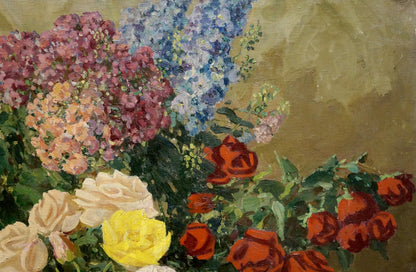 Oil painting of vibrant hydrangea rose bouquet by Kisil Grigory Alekseevich