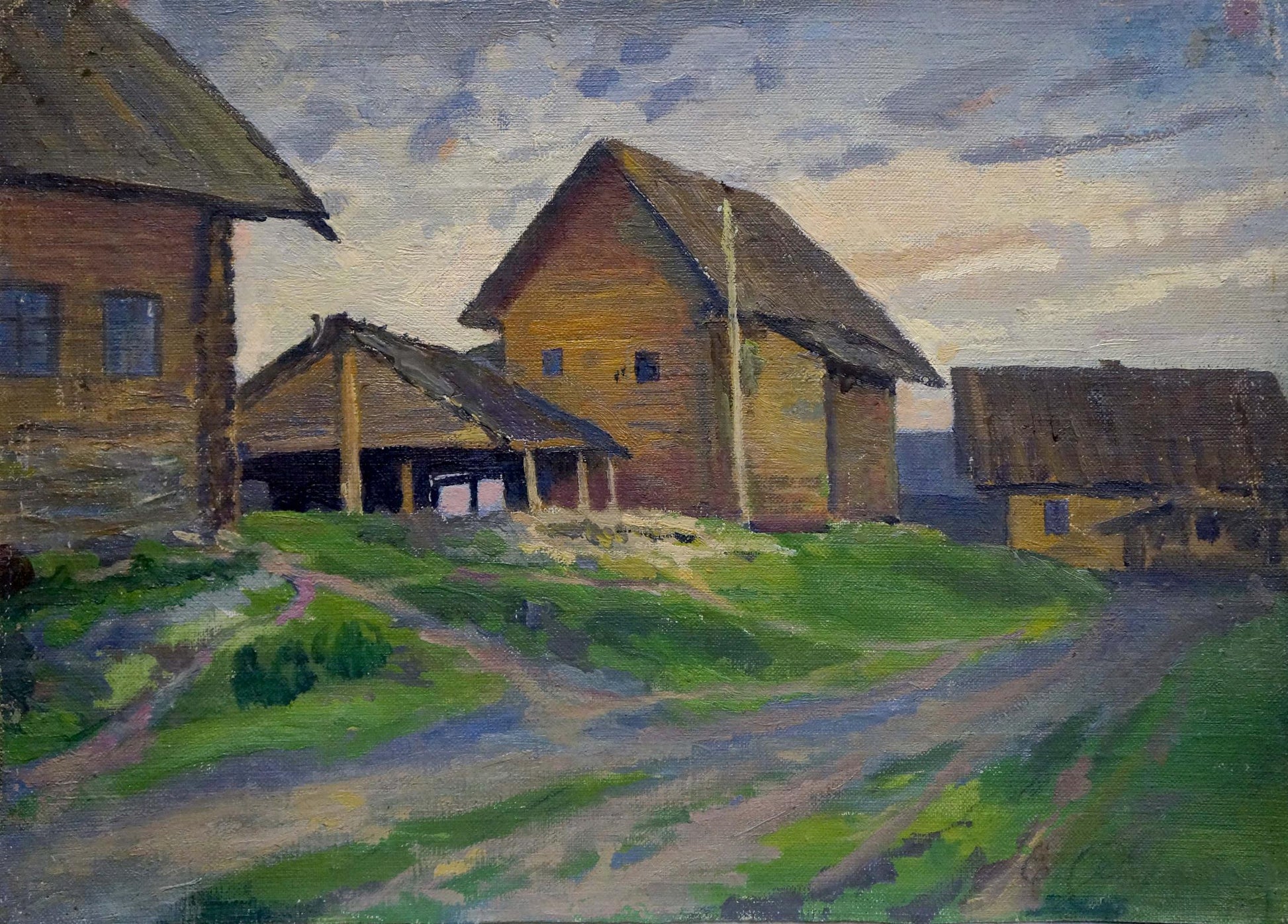 Oil painting of rustic thatched village house in green streets by unknown artist