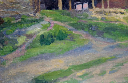 Oil painting of green village streets with winding path to columned building