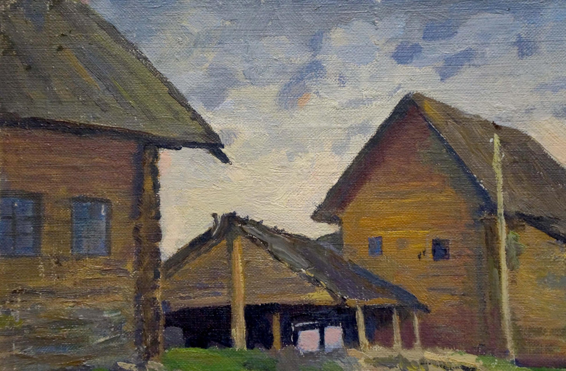 Oil painting of green village streets with rustic thatched houses under cloudy sky