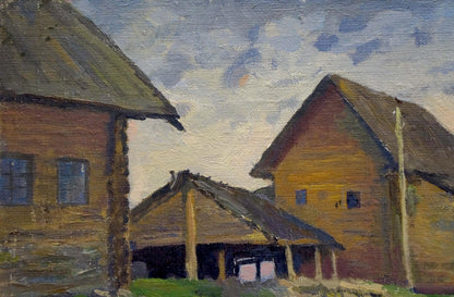 Oil painting of green village streets with rustic thatched houses under cloudy sky