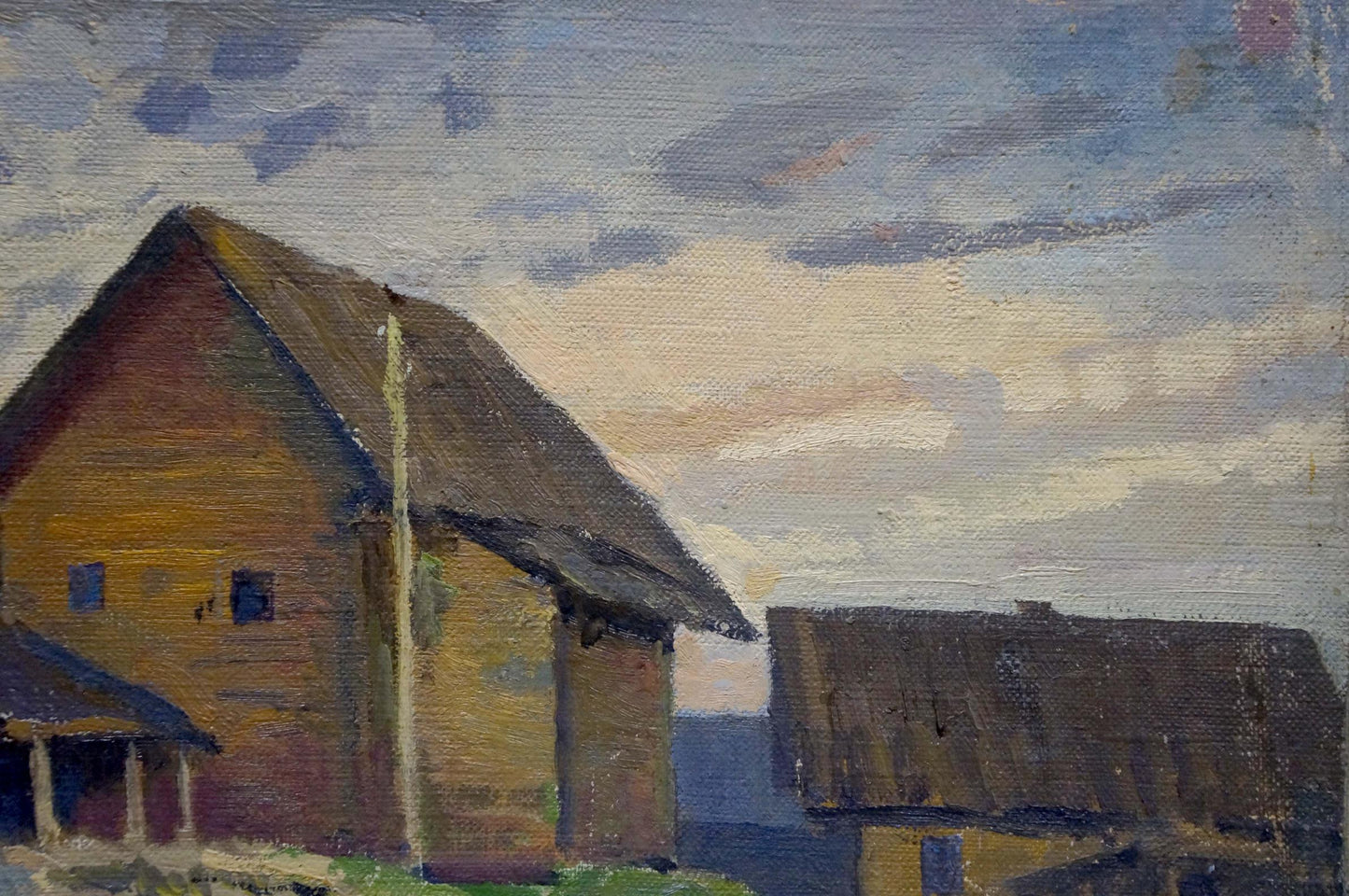 Oil painting of rustic ochre thatched village house, green streets, unknown artist