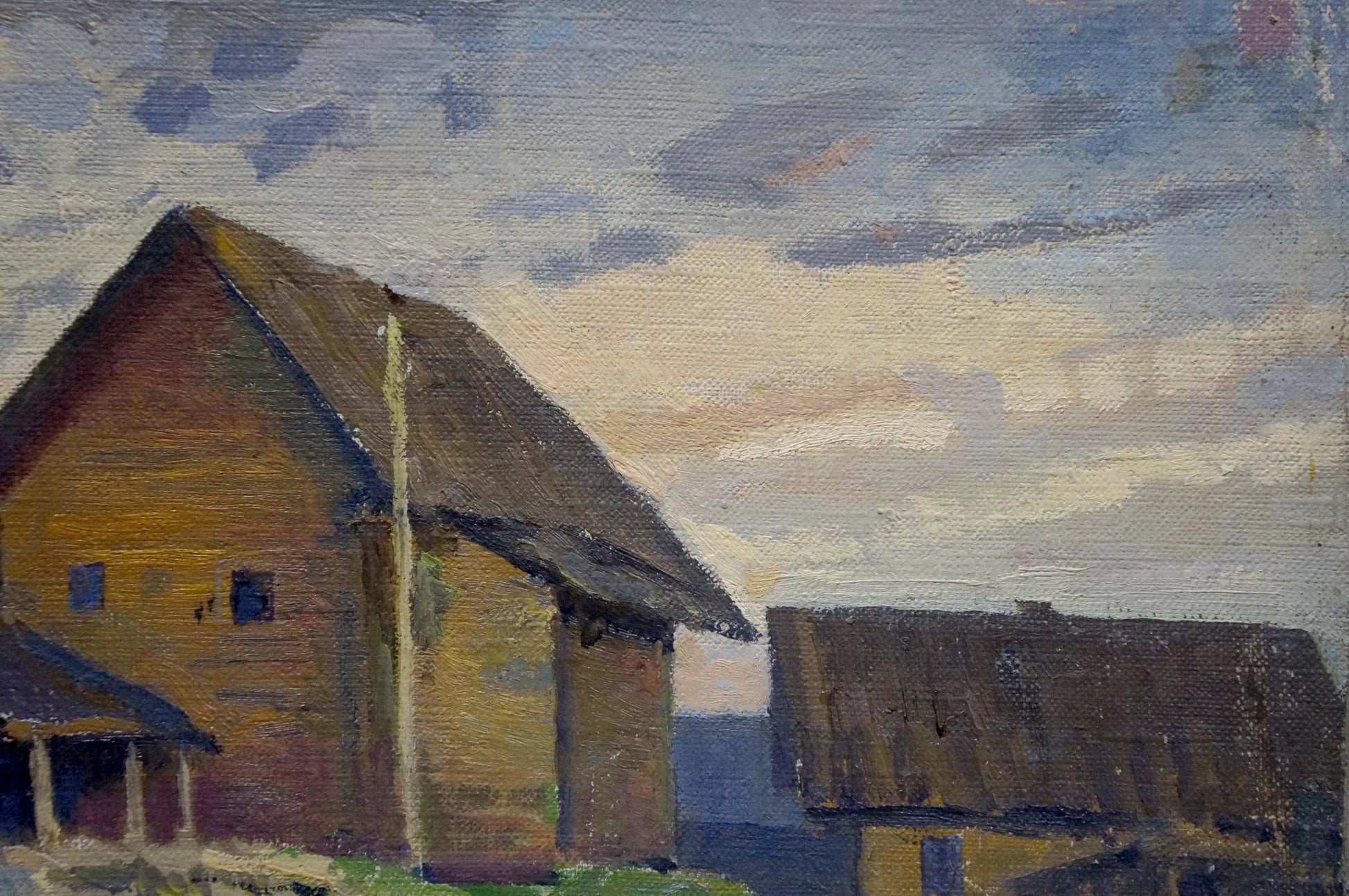 Oil painting of rustic ochre thatched village house, green streets, unknown artist
