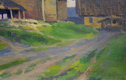 Rustic oil painting of green village paths to thatched barns