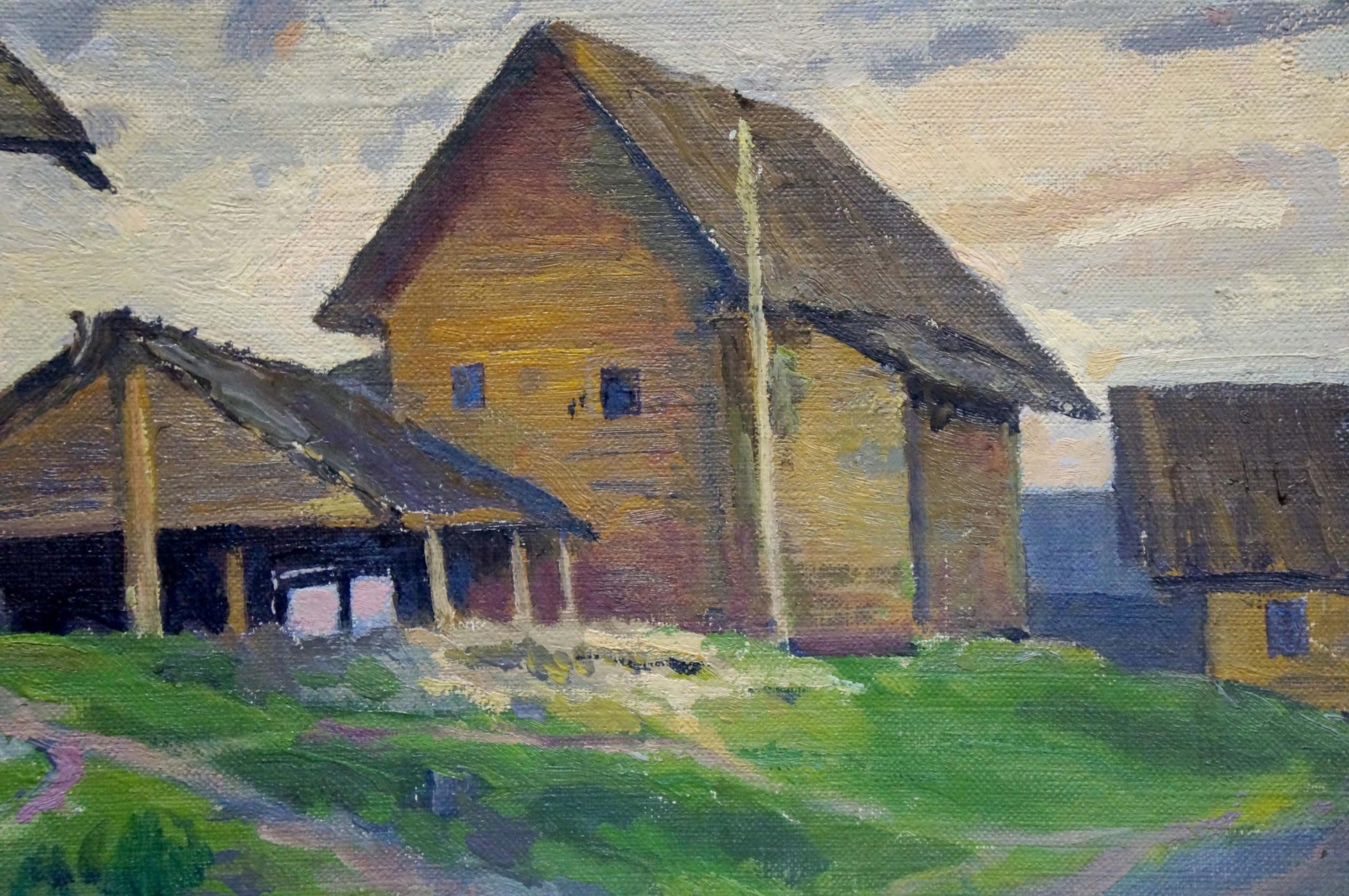 Oil painting of rustic village house with thatched roof and green streets