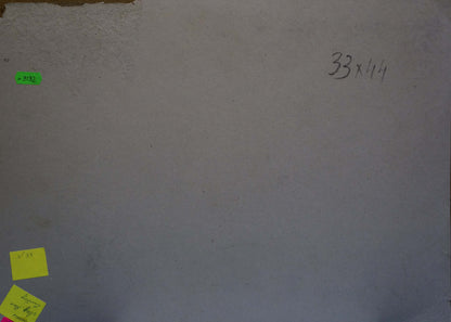 Back of oil painting Green streets in the village with gray textured wall, handwritten dimensions and sticky notes