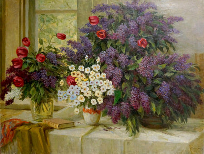 Oil painting by Doroshenko Sergey Vladimirovich: lilacs, tulips in orange-rim vase