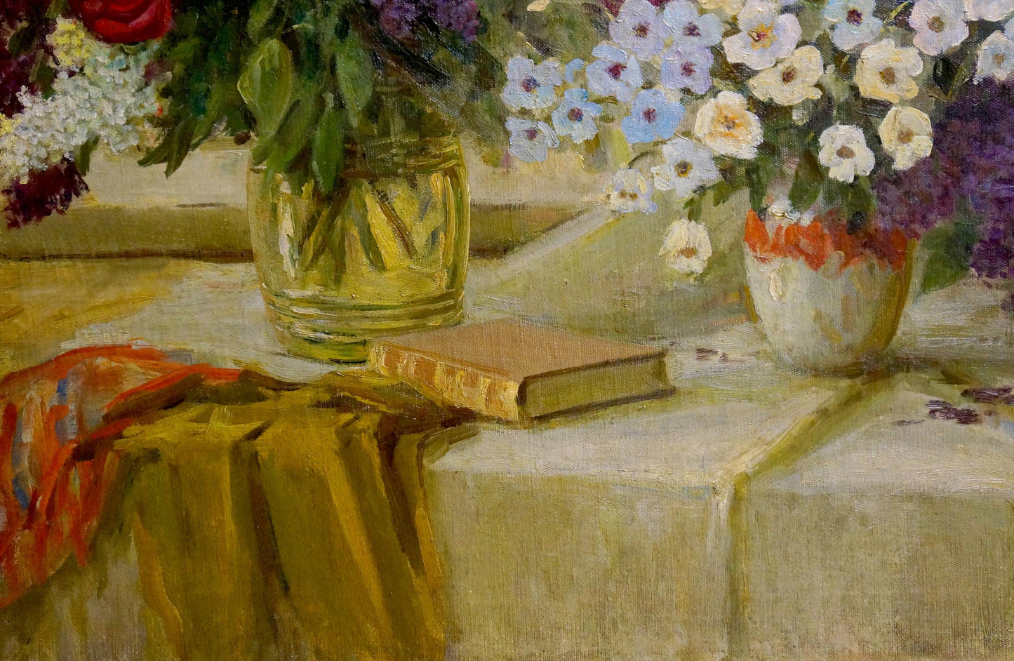Oil painting of clear glass vase with vibrant red and purple flowers by Doroshenko Sergey Vladimirovich