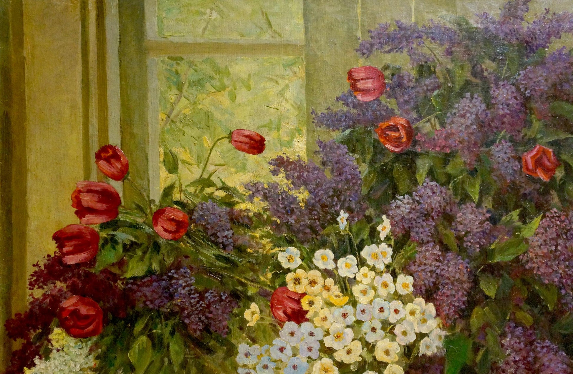 Oil painting by Doroshenko Sergey Vladimirovich: red tulips, lilacs, white flowers