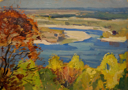 Oil painting by Nikolay Buryachok: autumn river landscape with vibrant foliage