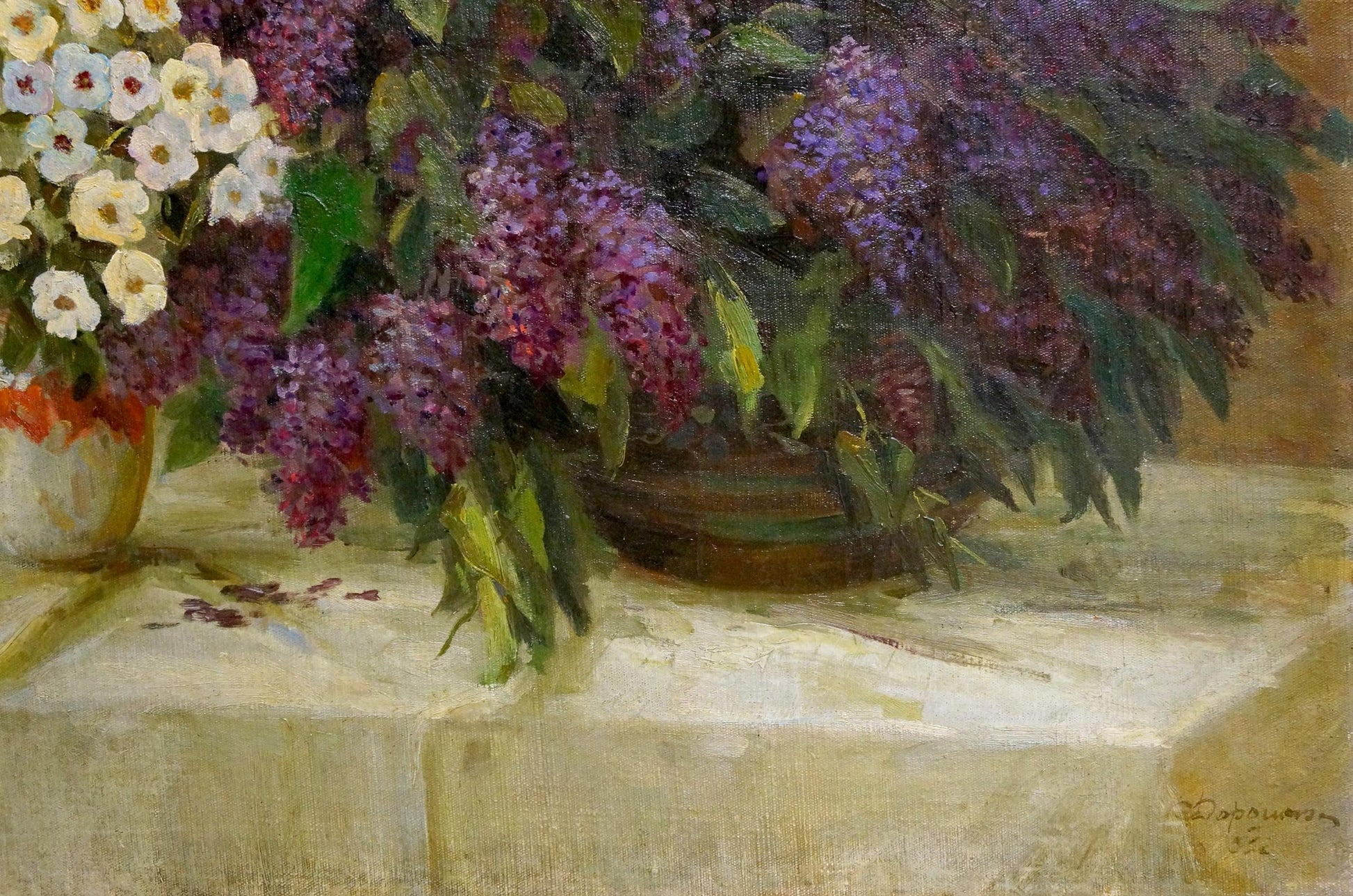 Oil painting of purple lilacs and white flowers in rustic vase by Doroshenko Sergey Vladimirovich