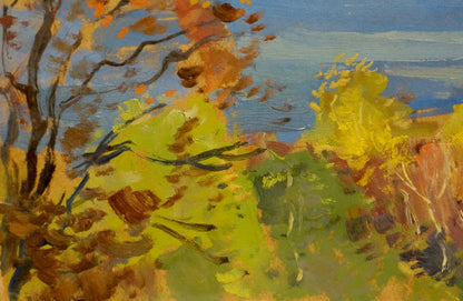 Oil painting of vibrant autumn river landscape by Nikolay Buryachok
