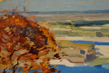 Vibrant autumn tree in Nikolay Buryachok oil painting river landscape