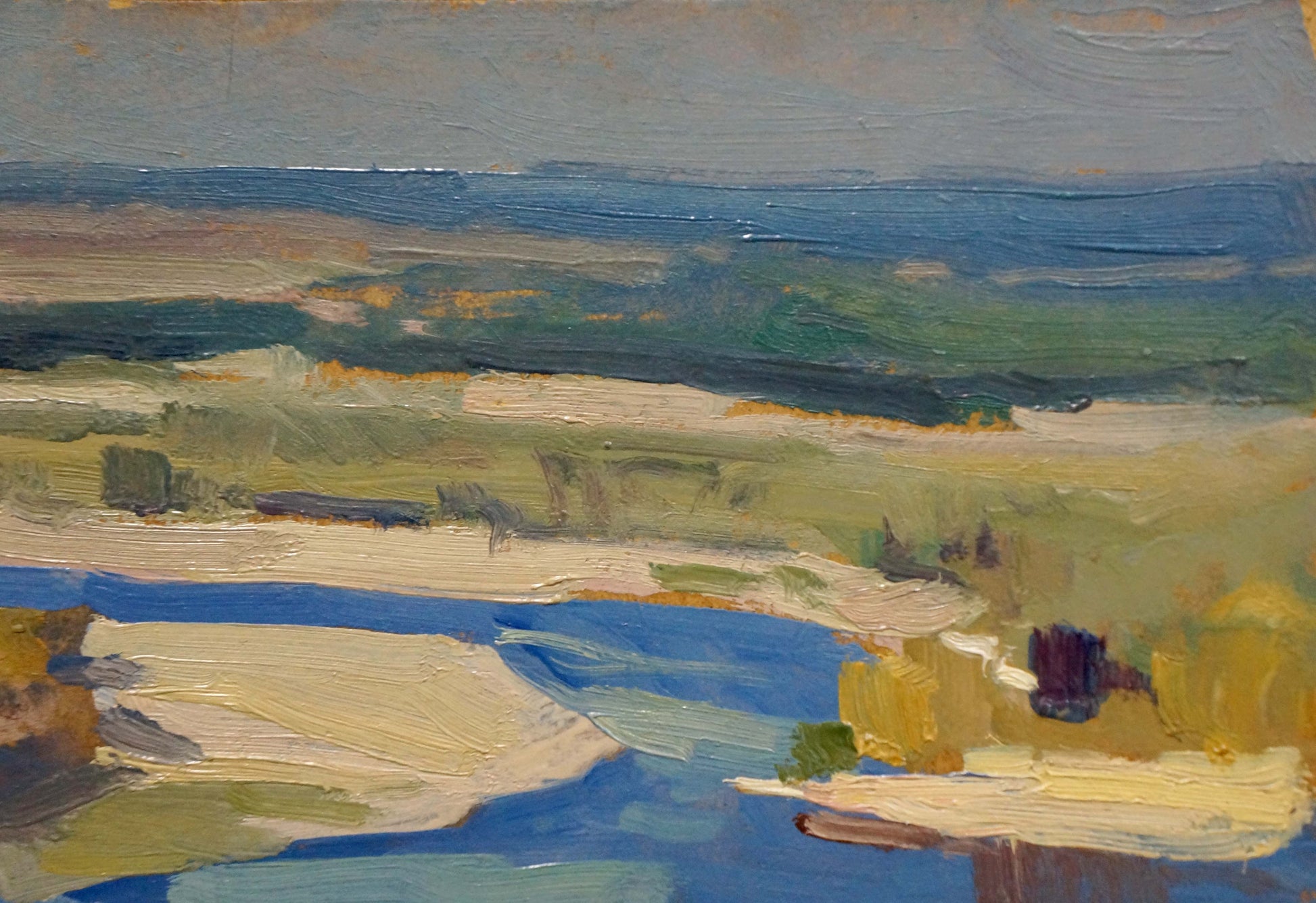 Oil painting River landscape by Nikolay Buryachok impressionistic fields and river