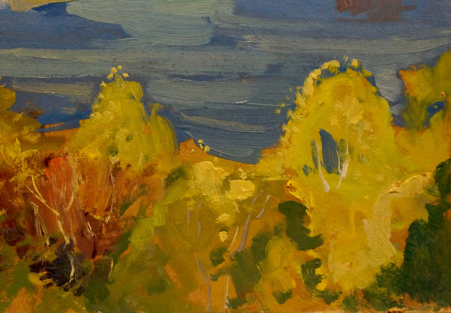 Oil painting by Nikolay Buryachok: vibrant yellow orange autumn trees on blue sky