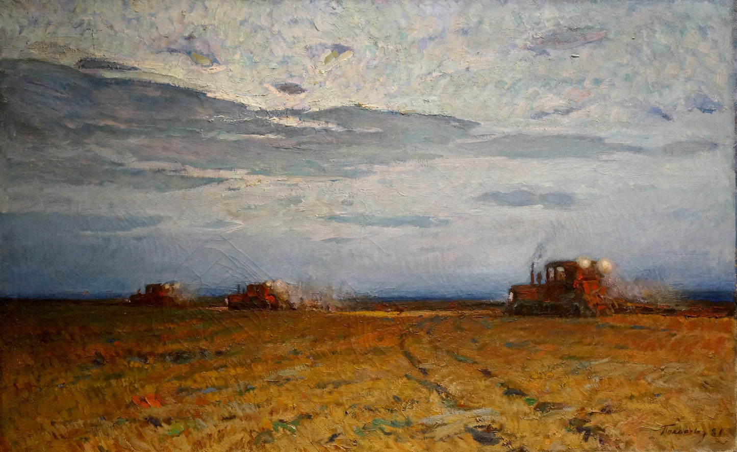 Rustic oil painting by Polonsky Evgeny Pavlovich of red harvesters in golden wheat field