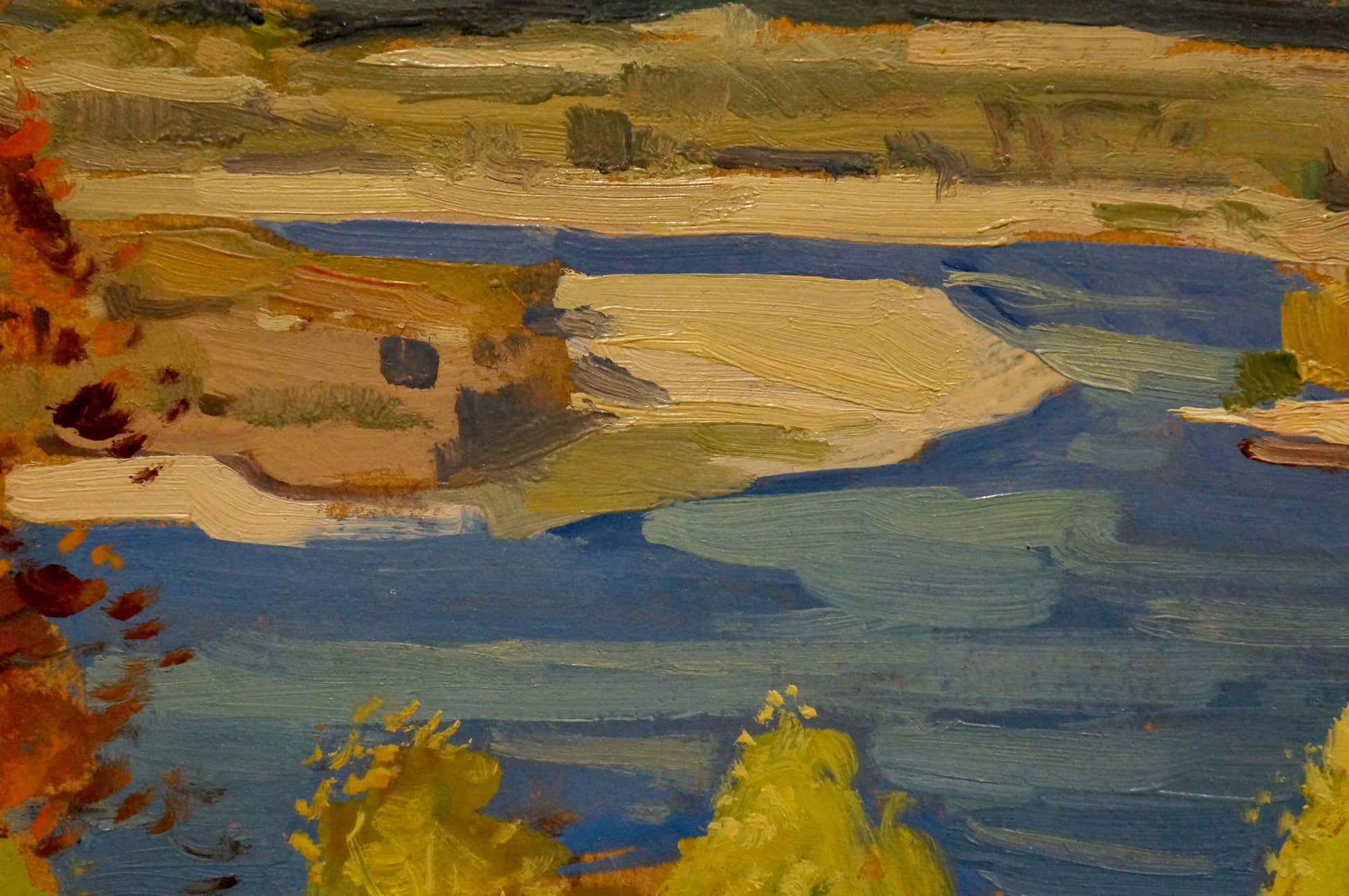 Oil painting of serene river with autumn foliage by Nikolay Buryachok