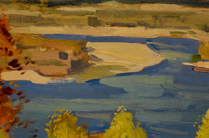 Oil painting of serene river with autumn foliage by Nikolay Buryachok