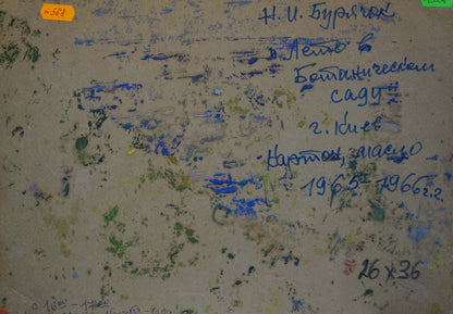 Back of Nikolay Buryachok oil painting River landscape with weathered canvas, faded paint splatters, Cyrillic script