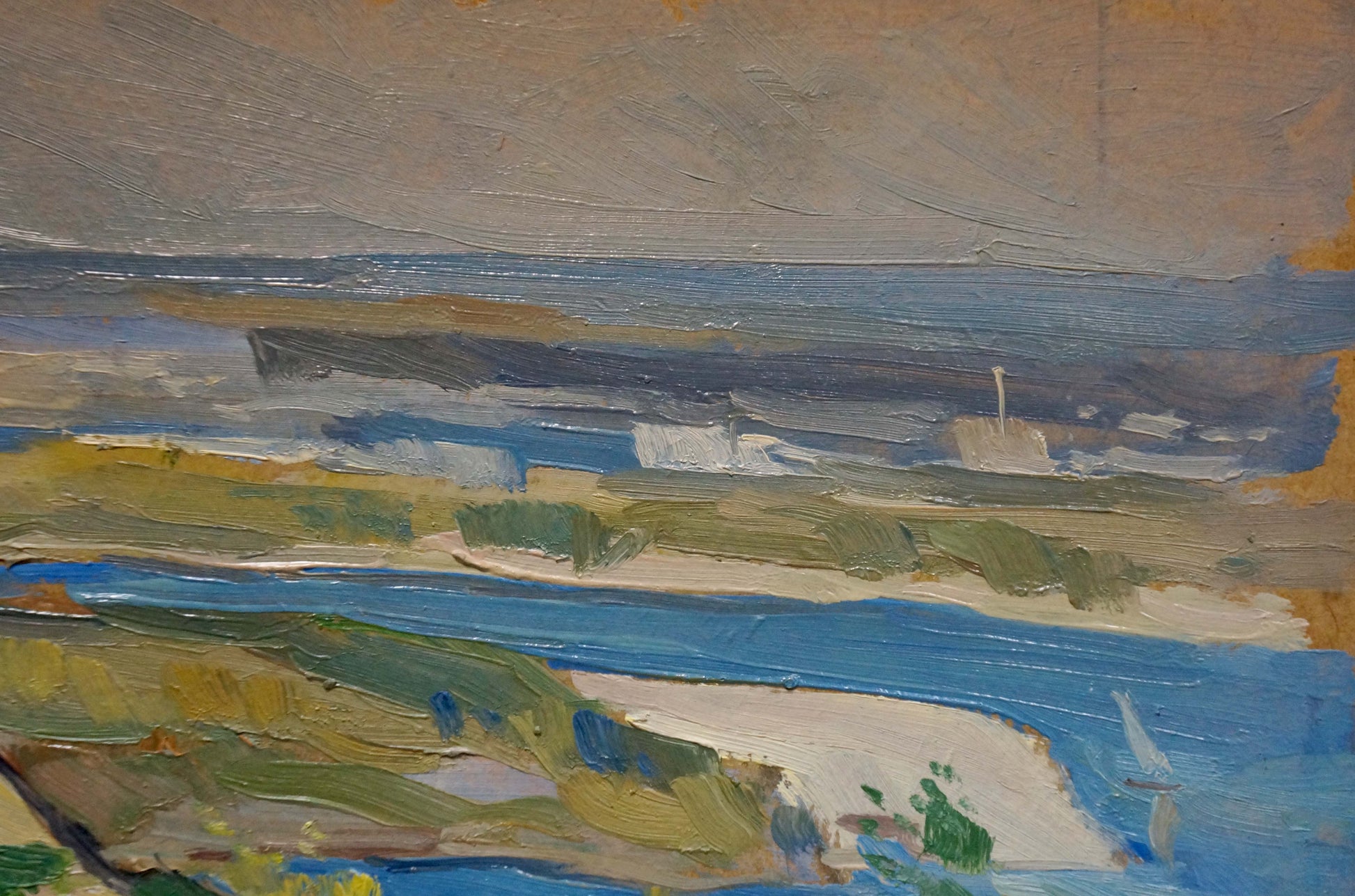 Oil painting of cloudy day in river landscape by Nikolay Buryachok