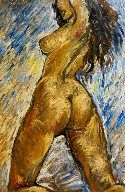 Vibrant impasto oil painting of figure Elena Shchekina by artist, swirling background