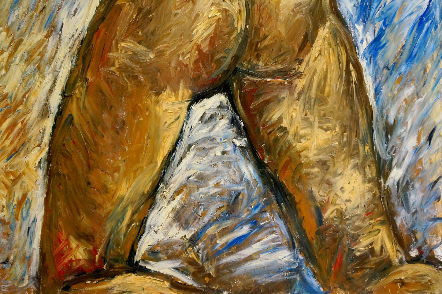 Oil painting portrait of female figure by Elena Shchekina in ochre gold tones