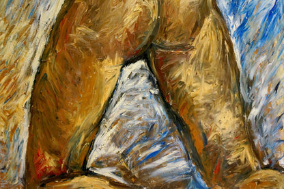 Oil painting portrait of female figure by Elena Shchekina in ochre gold tones