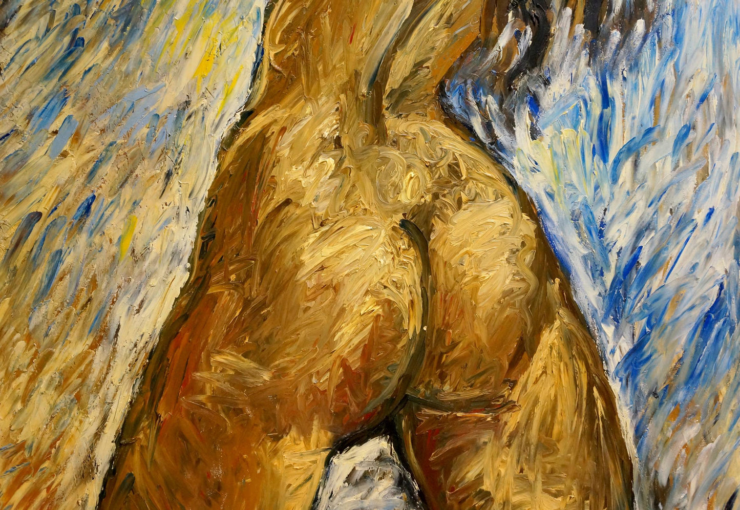 Vibrant oil painting of female figure Elena Shchekina back view in golden tones