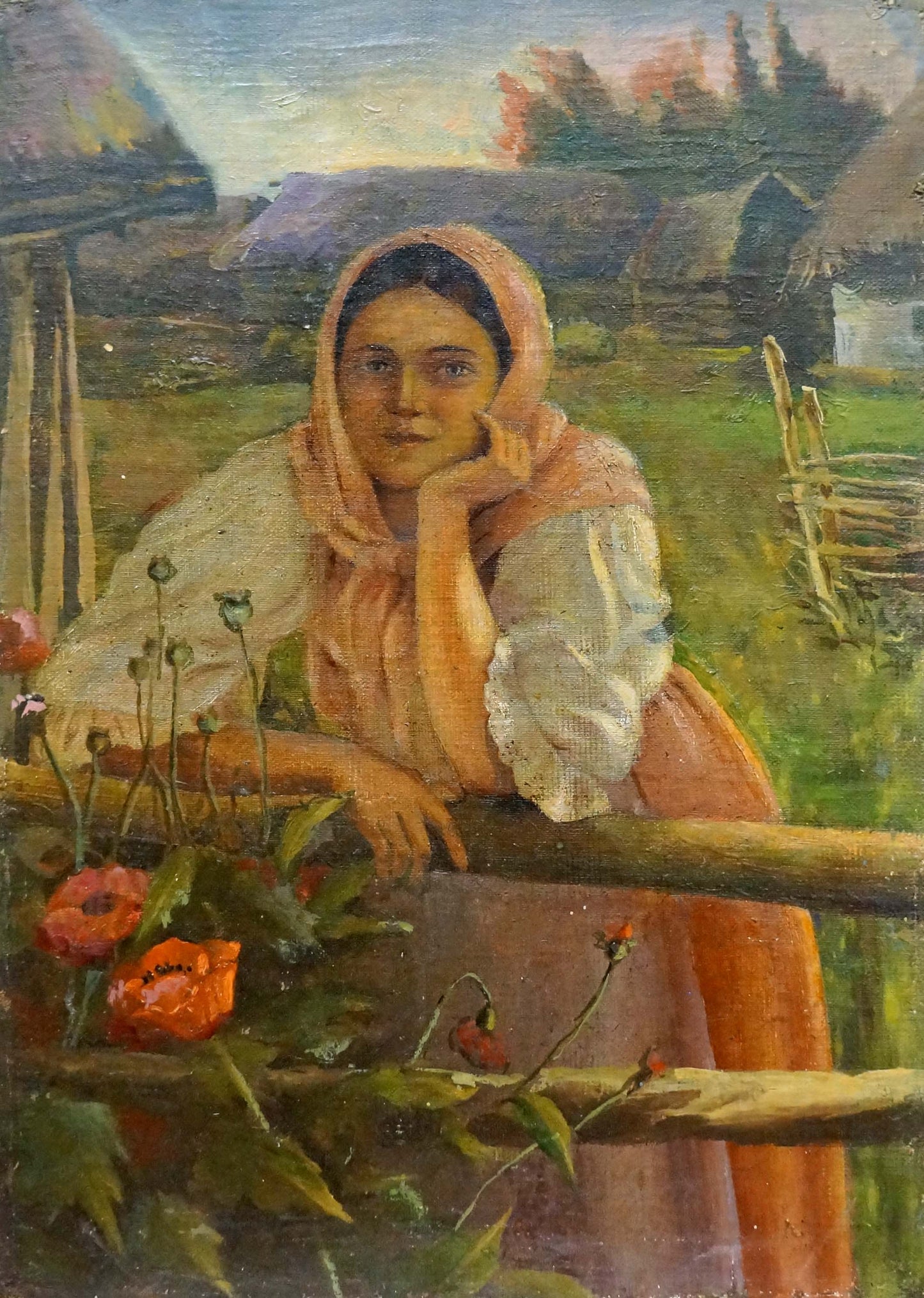 Oil painting of thoughtful mother in peach headscarf, white blouse, orange skirt by fence