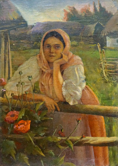 Oil painting of thoughtful mother in peach headscarf, white blouse, orange skirt by fence