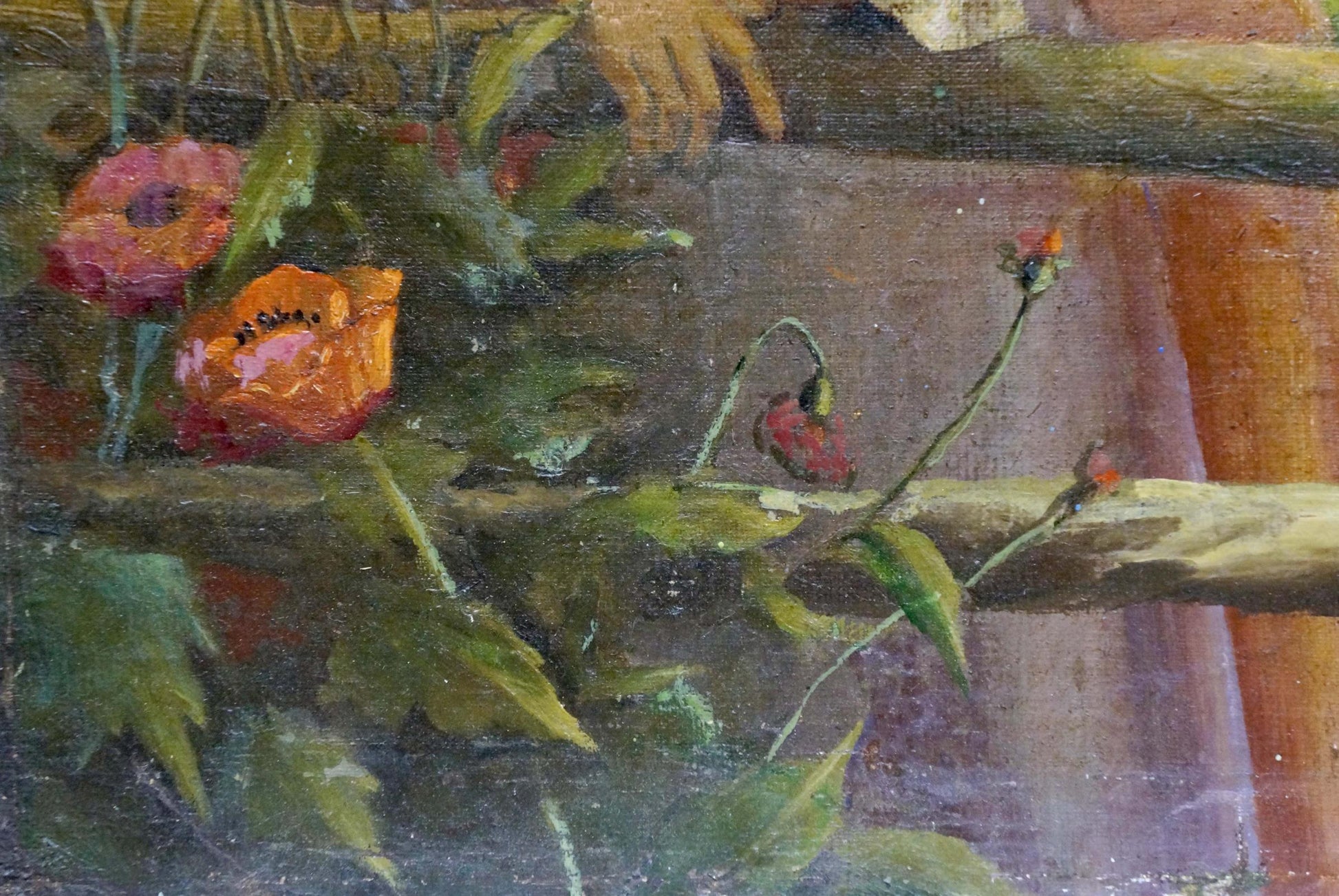 Oil painting of vibrant orange pink poppies in mothers portrait