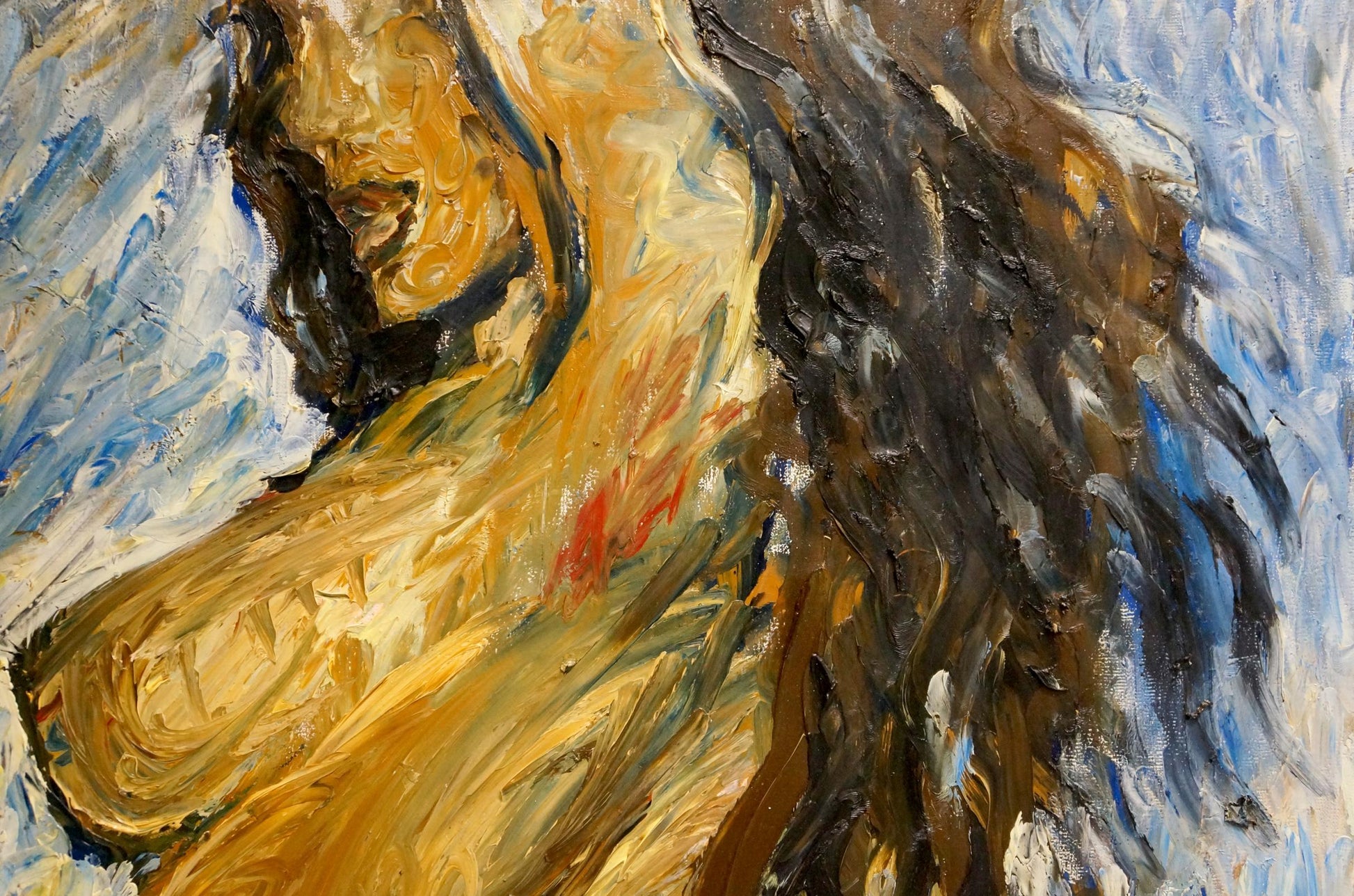 Vibrant oil painting portrait of female figure by Elena Shchekina