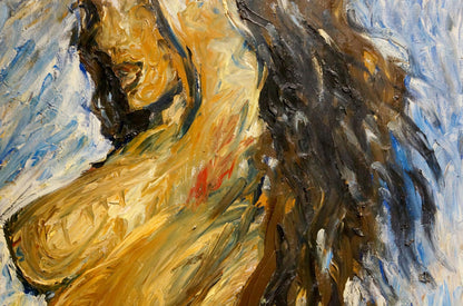 Vibrant oil painting portrait of female figure by Elena Shchekina