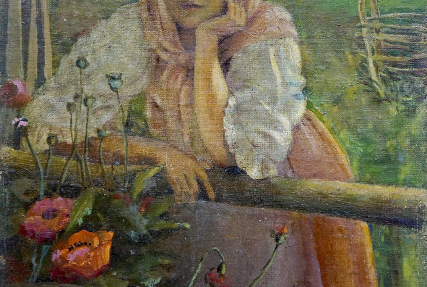 Oil painting of thoughtful mother in white blouse, pink scarf by red poppies