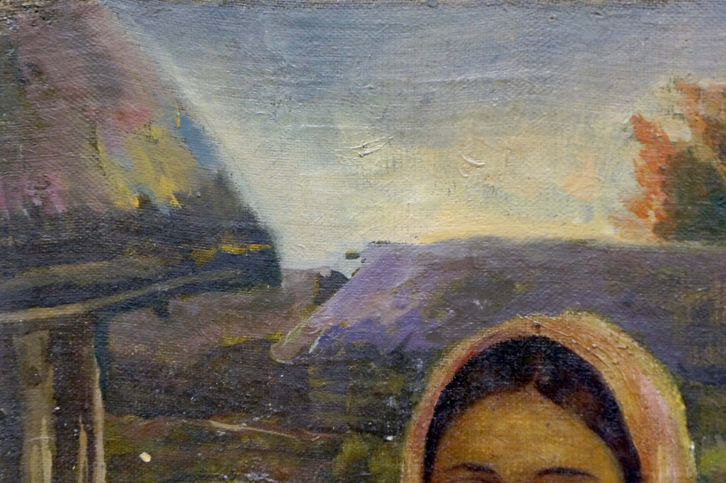 Impressionistic oil painting of mothers portrait with woman under peach headscarf