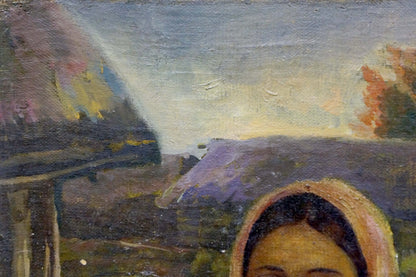 Impressionistic oil painting of mothers portrait with woman under peach headscarf