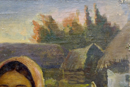 Oil painting of mother in wide-brim straw hat with dark hair