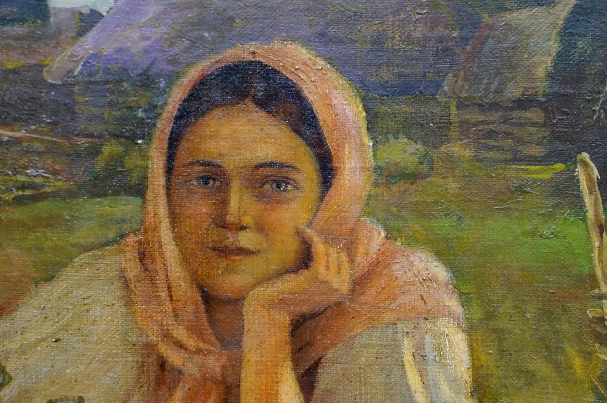 Oil painting of mother with soft peach headscarf on shoulders