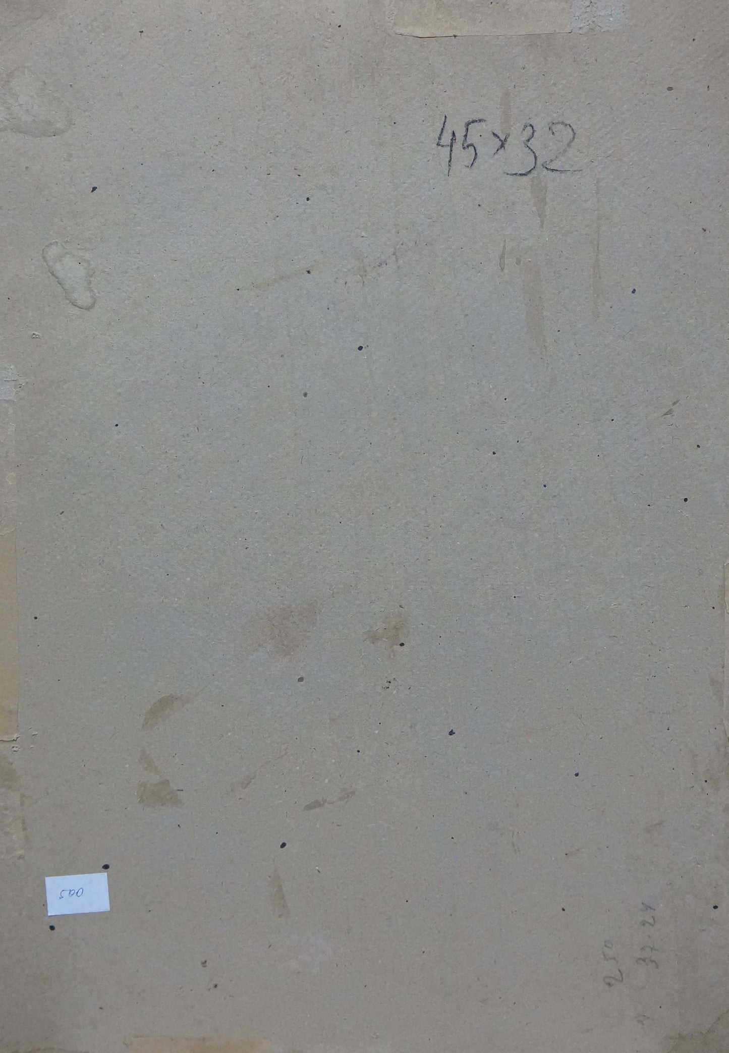 Back of oil painting Mother’s portrait: aged beige paper with handwritten measurements