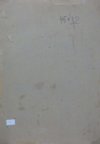Back of oil painting Mother’s portrait: aged beige paper with handwritten measurements