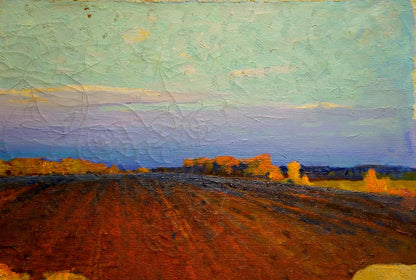 Oil painting by Korostelev Vladimir Alexandrovich: reddish-brown field under teal-blue sky