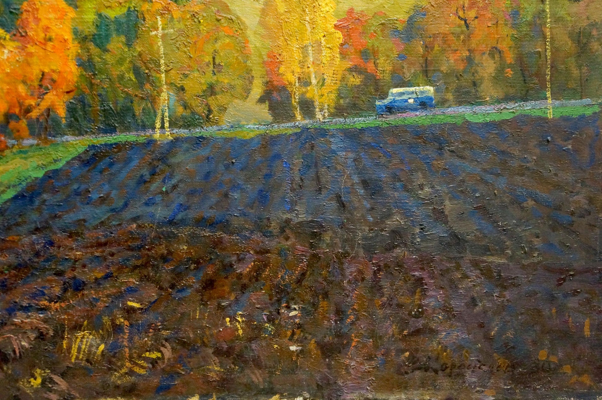 Oil painting by Korostelev Vladimir Alexandrovich: blue vintage car on grassy hillside under autumn trees